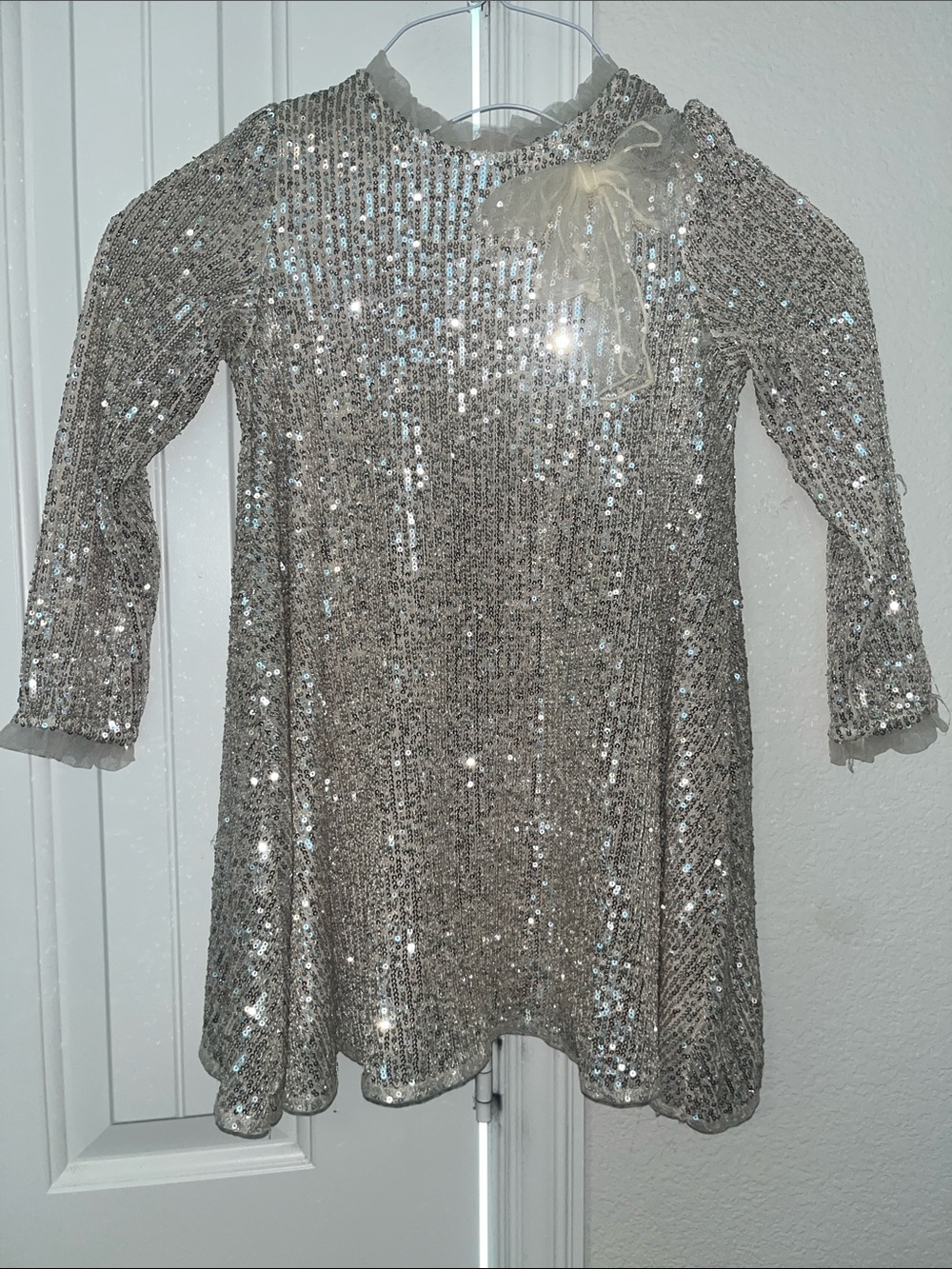 Girls Silver/Gold Sequin Party Dress with Bow Accent